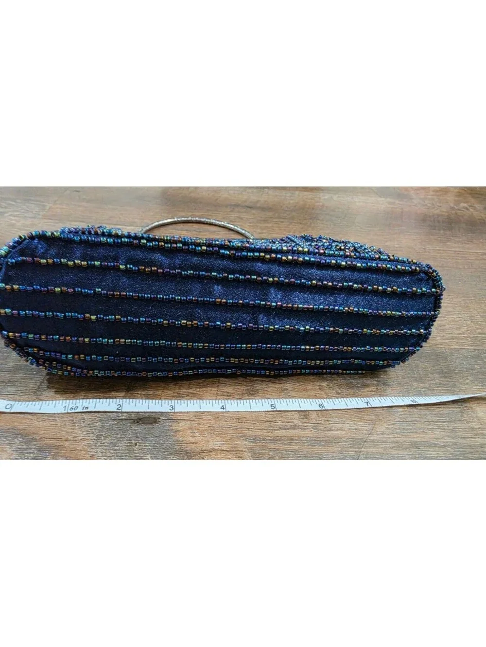 Elegant Blue Beaded Evening Clutch Purse with Silver Handle